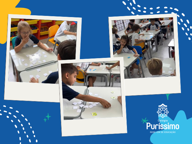 Crianças do Pré 2 jogando memória com o próprio nome na Educação Infantil